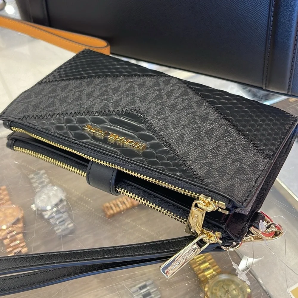 MICHAEL KORS JST LG DOUBLE ZIP WRISTLET WALLET PHONE HOLDER BLACK MULTI NWT